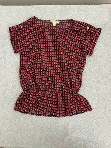 MICHAEL Michael Kors Red and Navy Blue Geometric Cinch Waist Blouse, Size S